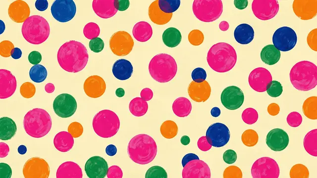 Irregular hand-painted bright colored polka dots scattered across a soft butter yellow background