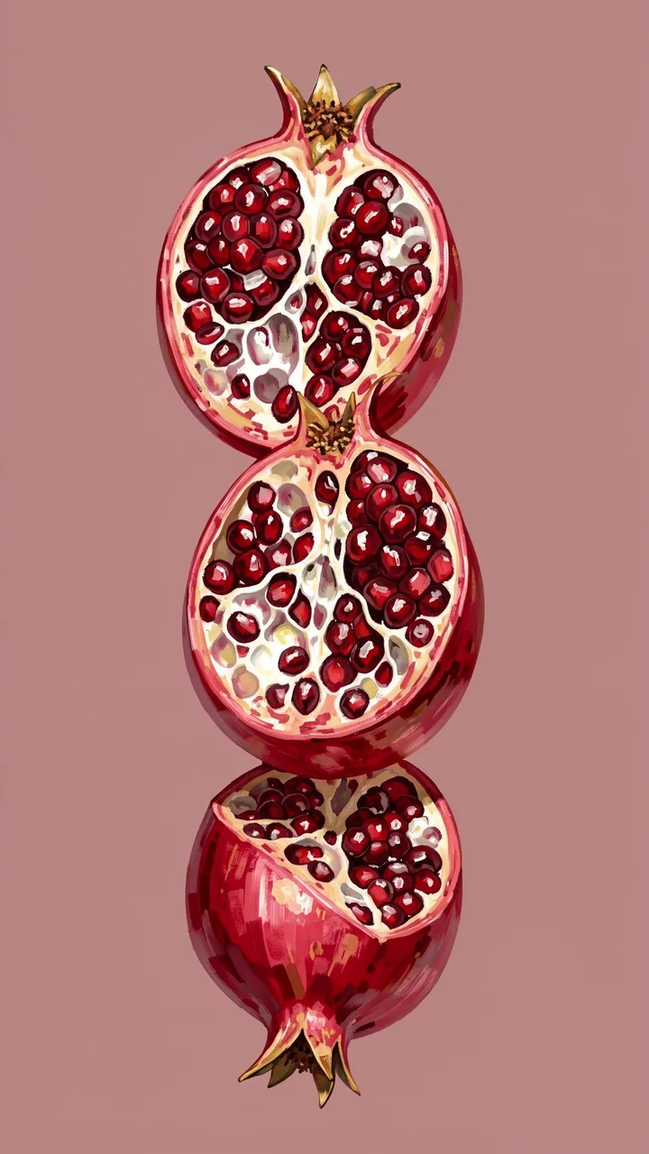 Three stacked halved hand-painted pomegranates with ruby seeds on a dusty rose background