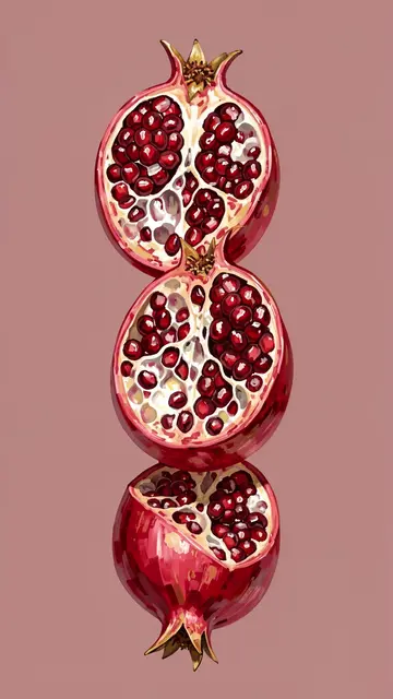 Three stacked halved hand-painted pomegranates with ruby seeds on a dusty rose background