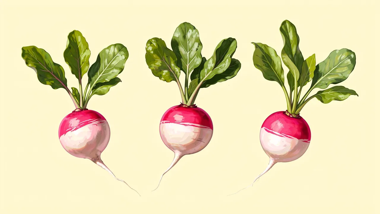 Three illustrated pink and white radishes with green leafy tops arranged on a pale butter yellow background