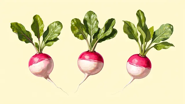 Three illustrated pink and white radishes with green leafy tops arranged on a pale butter yellow background