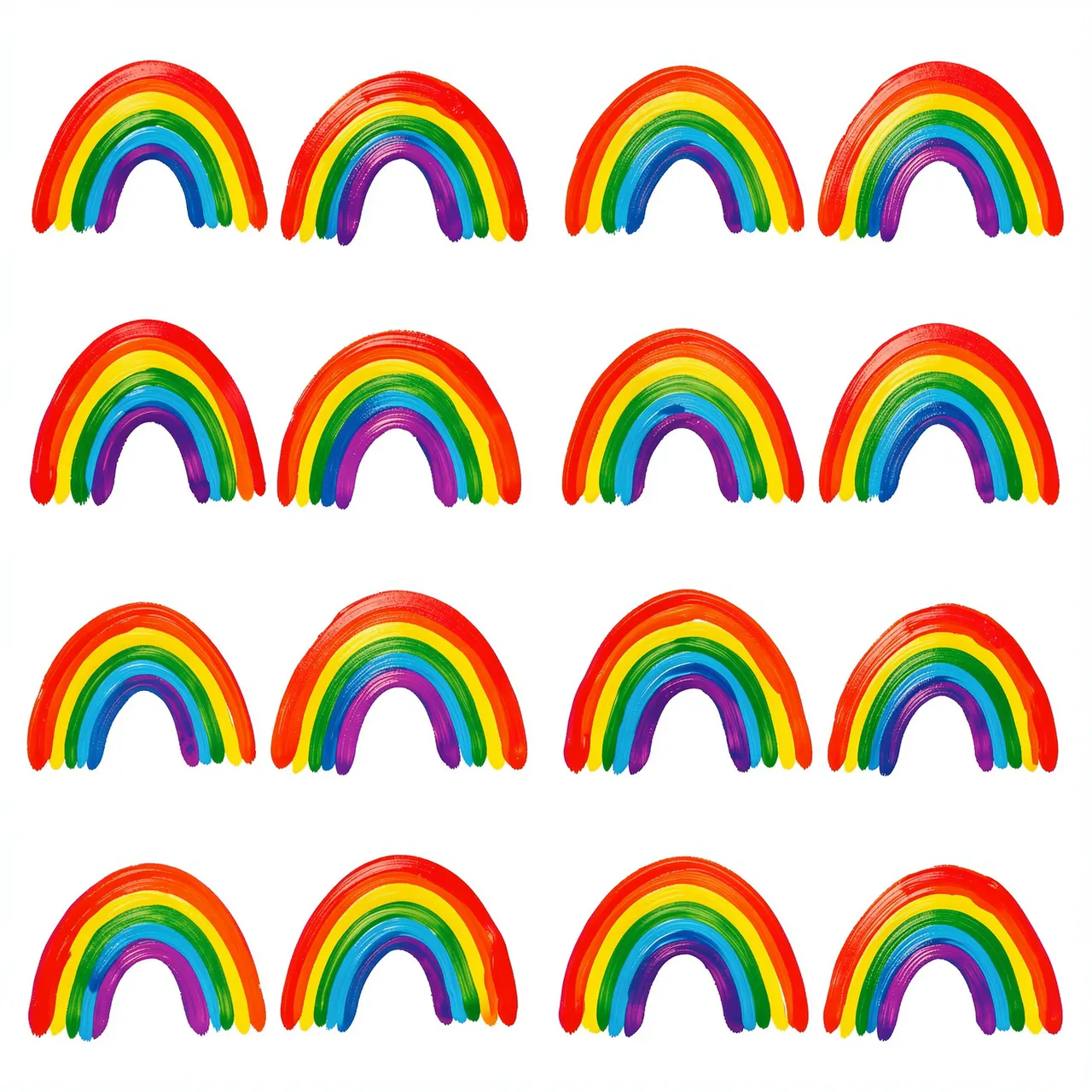 Repeating grid of stubby hand-painted rainbows in bright primary colors on a plain white background
