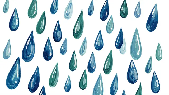 Irregular hand-painted blue and teal raindrops fall at slight angles across a plain white background