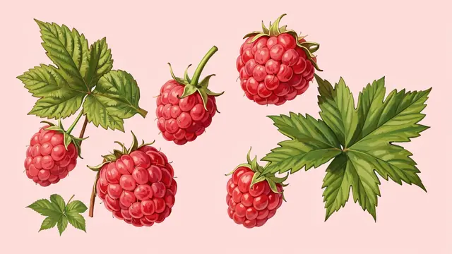 Hand-drawn plump red raspberries and serrated green leaves arranged on a pale pink background