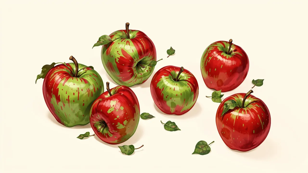 Loosely arranged hand-painted red and green apples with tiny leaves rest on a pale cream background