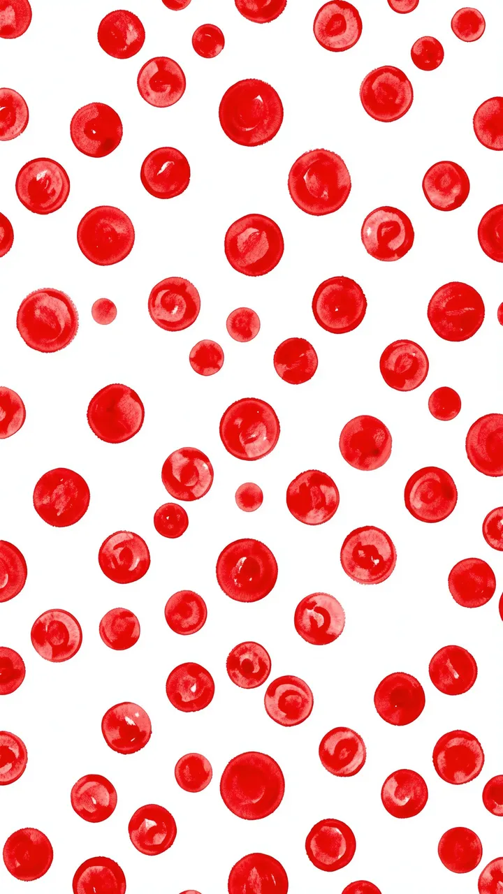 Irregular hand-painted scarlet polka dots of varying sizes scattered on a bright white background