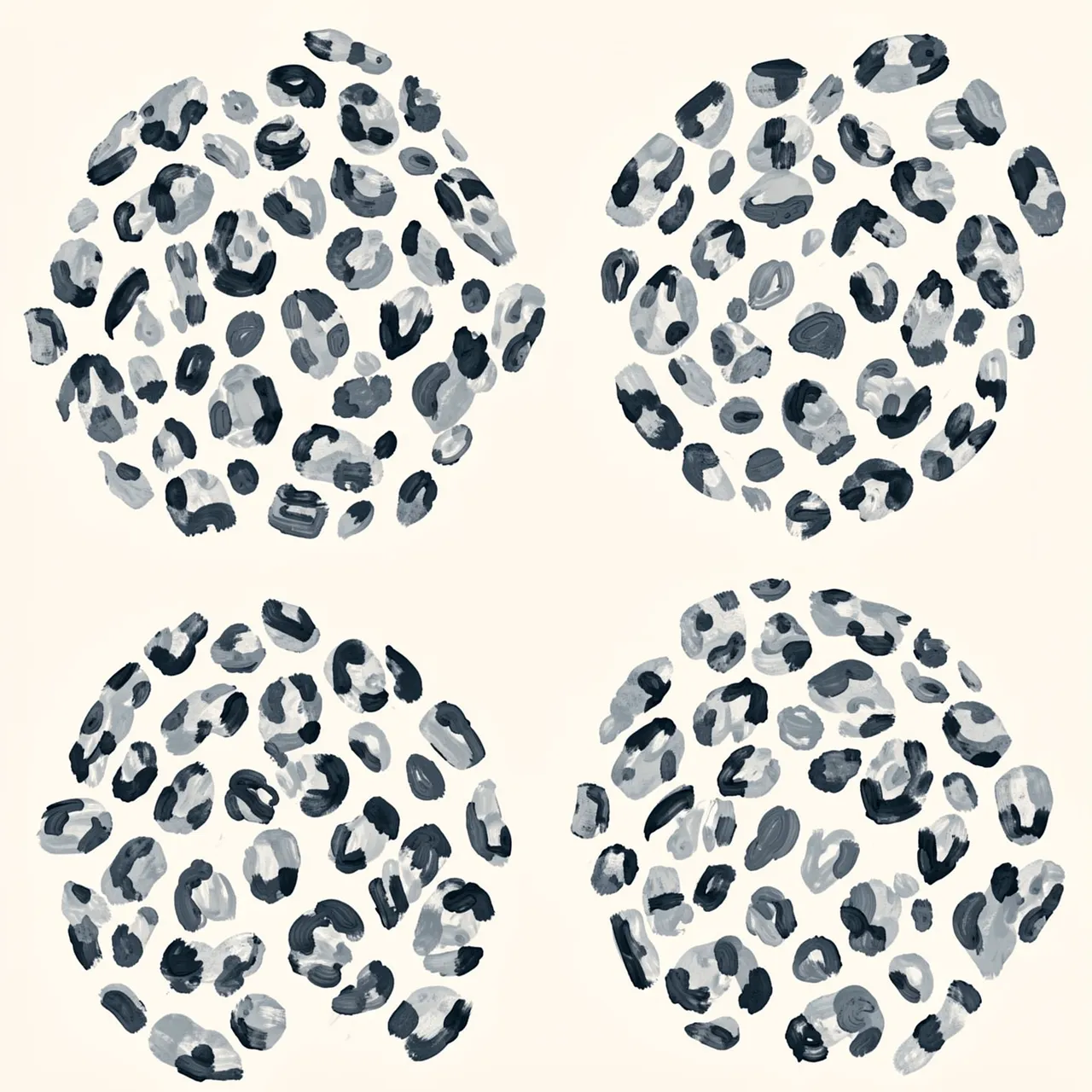Four circular clusters of hand-painted snow leopard rosettes in slate blue and gray on an ivory background