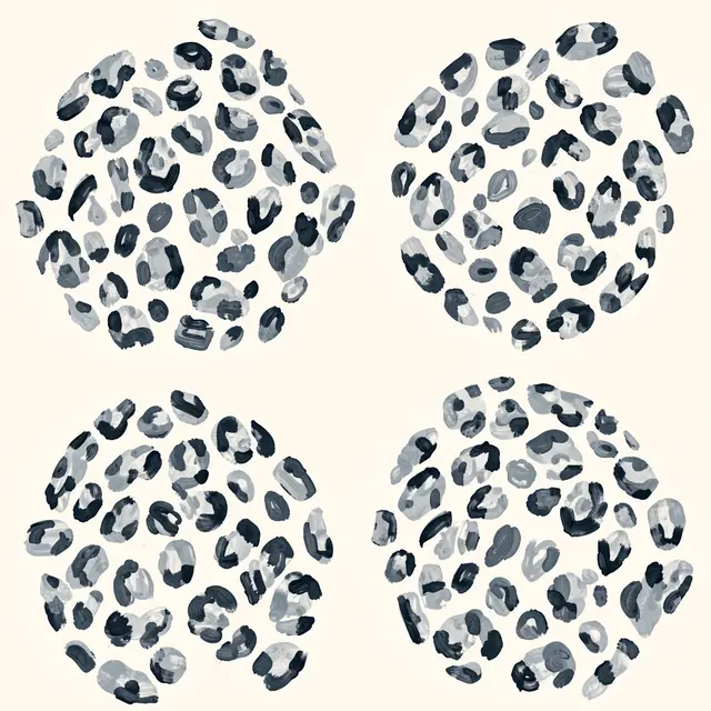 Four circular clusters of hand-painted snow leopard rosettes in slate blue and gray on an ivory background