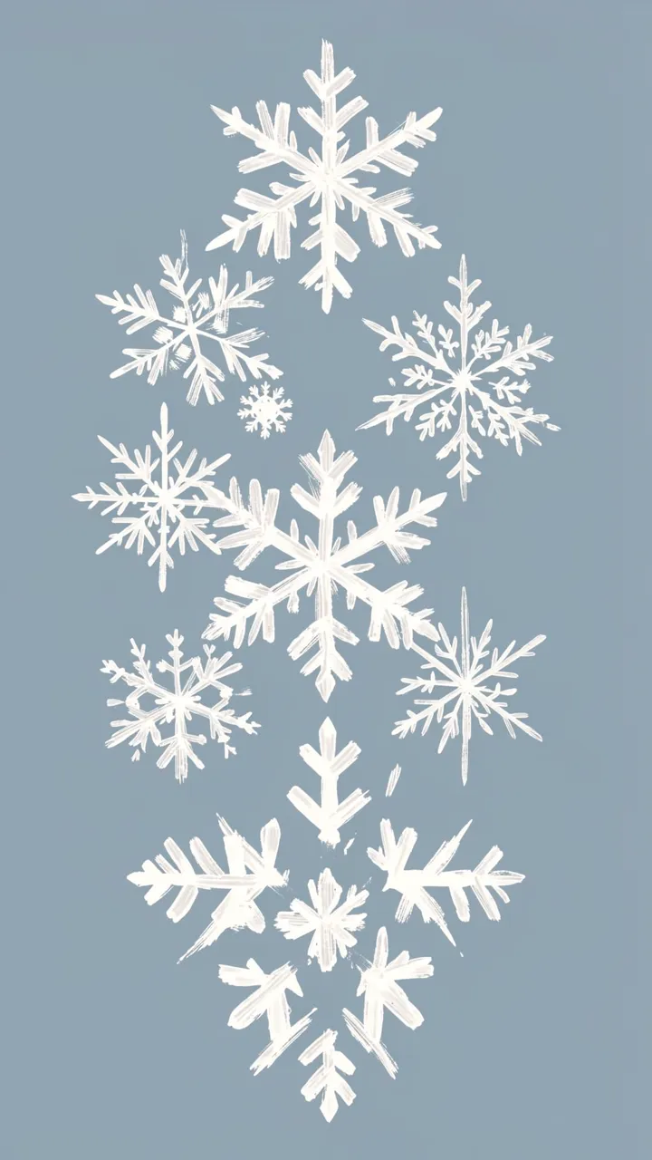 Loose brush drawn white snowflakes of varying shapes arranged vertically on a soft dusty blue background