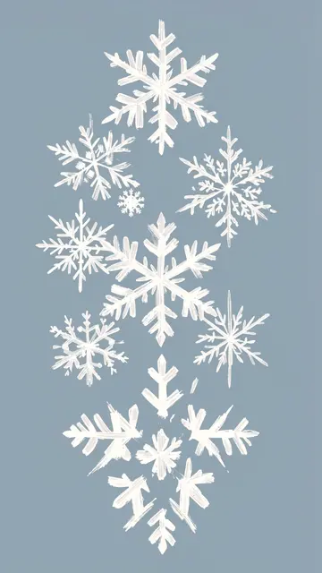 Loose brush drawn white snowflakes of varying shapes arranged vertically on a soft dusty blue background