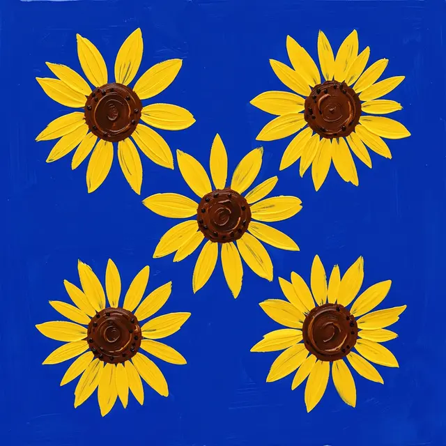 Five hand-painted yellow sunflowers with brown centers arranged on a solid cobalt blue background