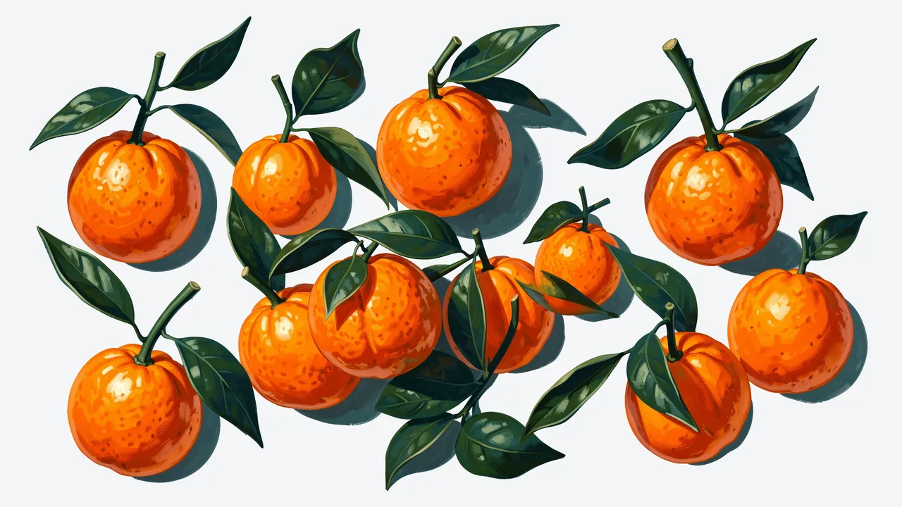 Glossy hand-painted tangerines with leafy stems arranged on a light plain background