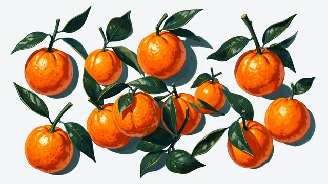 Glossy hand-painted tangerines with leafy stems arranged on a light plain background