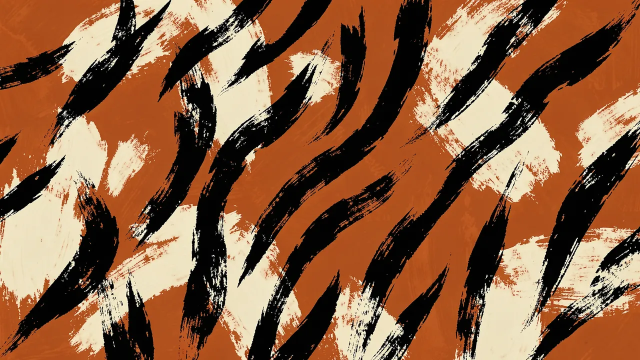 Jagged brushstroke tiger stripe pattern on burnt orange with pale cream patches
