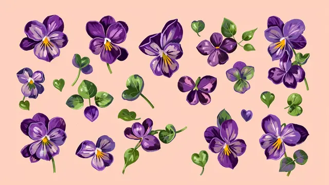 Scattered hand-painted purple violets and heart-shaped green leaves on a soft blush background