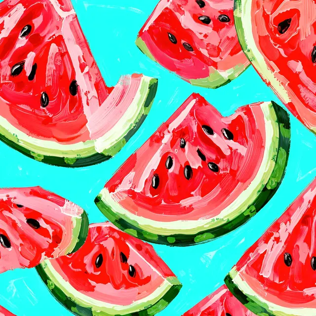 Textured hand-painted watermelon wedges with black seeds arranged across a bright aqua background