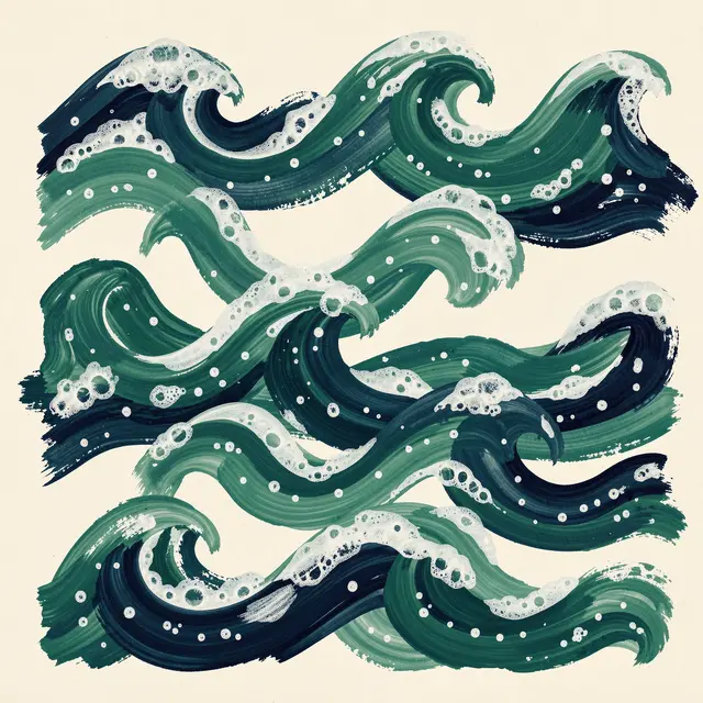 Hand-painted curling sea green and navy waves with foam dots arranged on a cream background