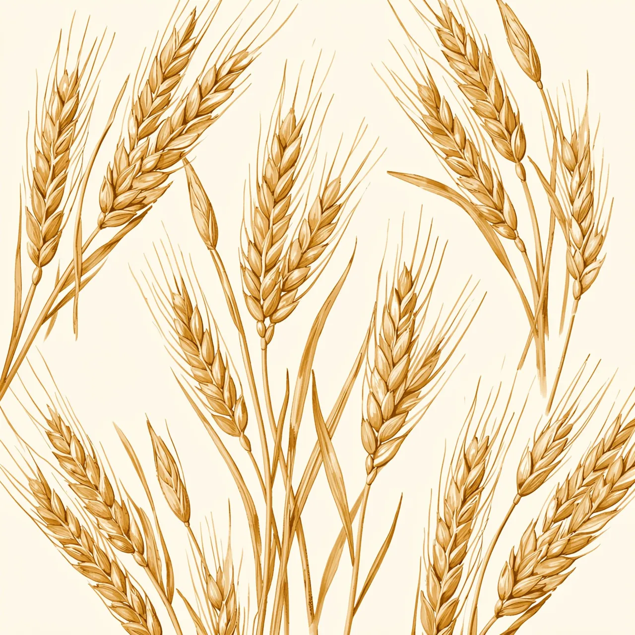 Golden hand drawn wheat stalk clusters arranged across a soft cream background