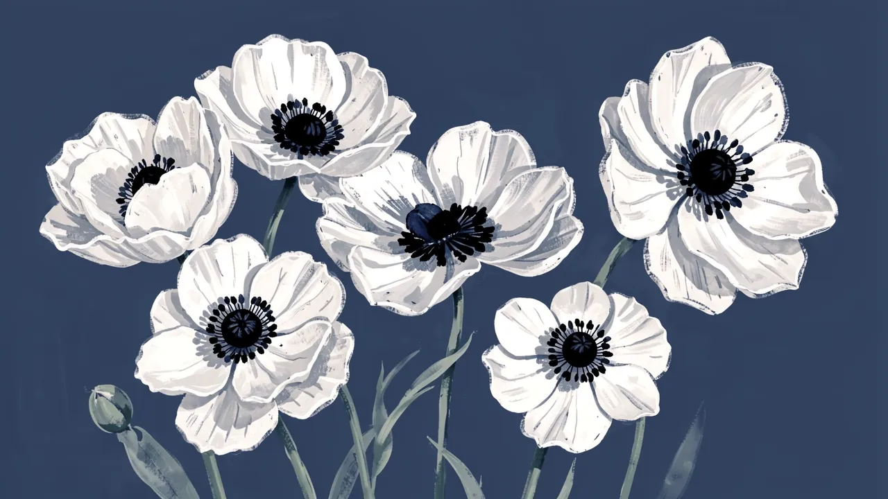Loose hand-painted white anemones with black centers arranged against a solid dusky blue background