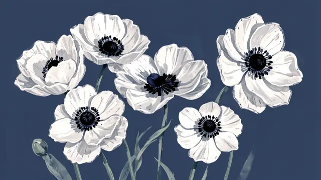 Loose hand-painted white anemones with black centers arranged against a solid dusky blue background