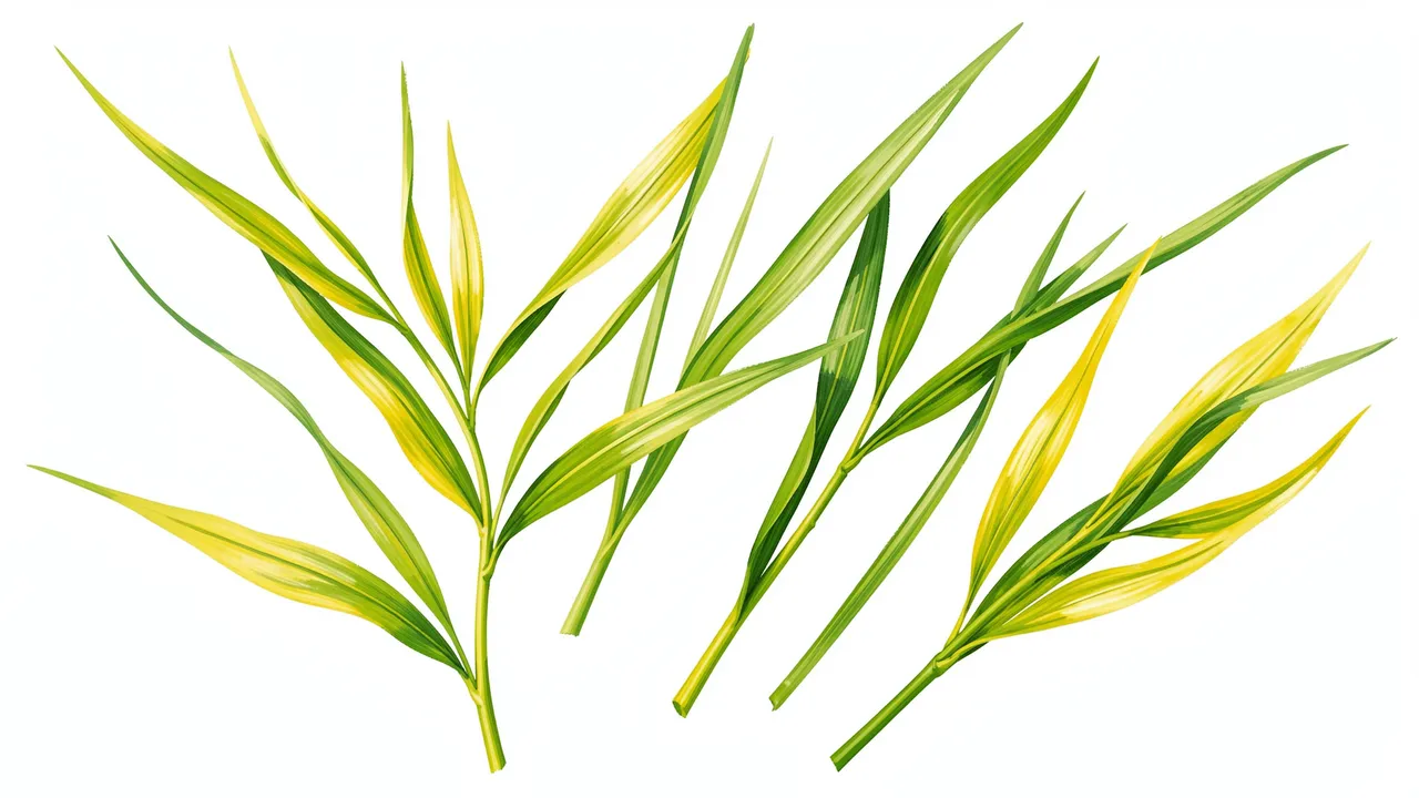 Long slender hand-painted willow leaf sprigs in fresh green and yellow arranged on a plain white background