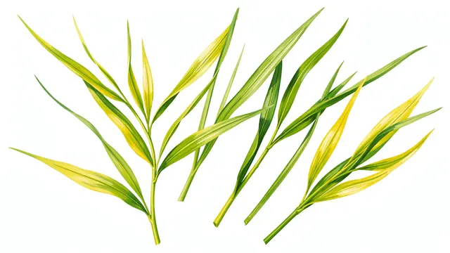 Long slender hand-painted willow leaf sprigs in fresh green and yellow arranged on a plain white background