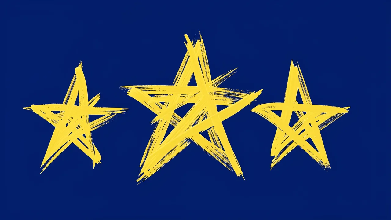 Three irregular brush-painted butter yellow five-point stars arranged horizontally on a solid midnight blue background