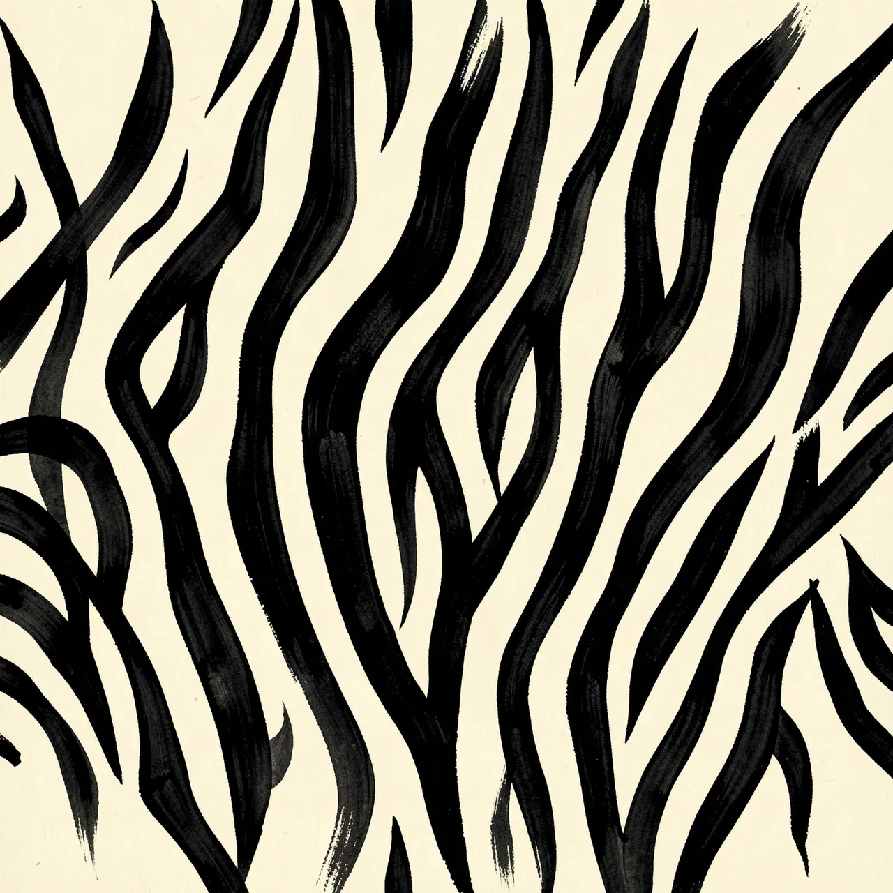 Irregular hand-painted black ink zebra-style stripes curve and fork across an ivory background