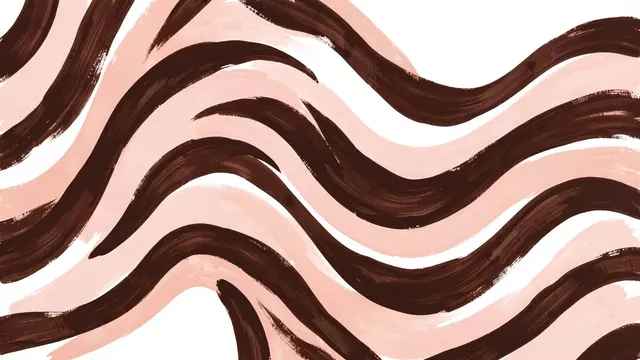 Irregular sweeping hand-painted wavy stripes in deep brown and blush pink against white