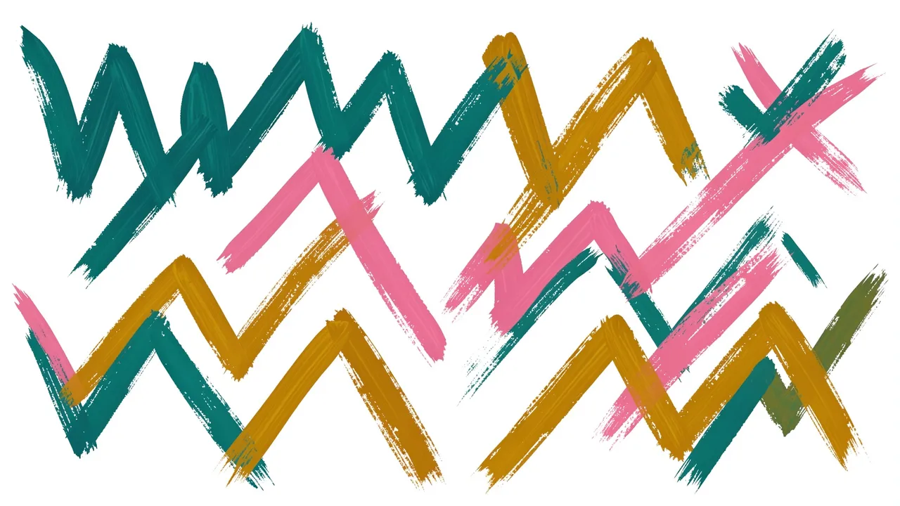 Thick brush drawn teal, pink, and mustard zigzag lines on a plain white background