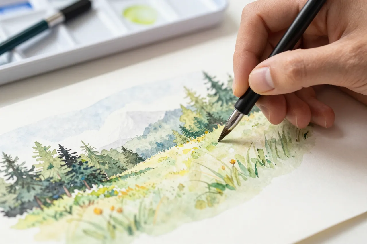 A person's hand holds a fine paintbrush adding detail to a watercolor landscape on paper, with a paint palette in the