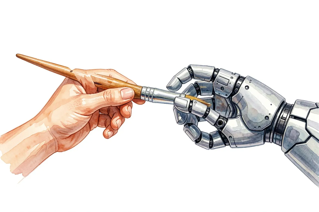 Watercolor illustration of a human hand passing a paintbrush to a robotic hand against a plain white background