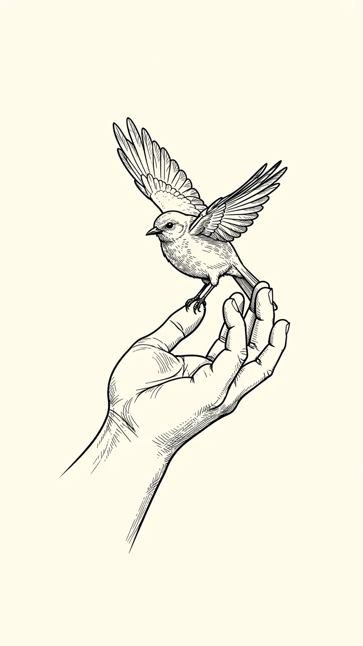 Black ink line art of an open hand as a small songbird takes flight from the fingertips on a cream background