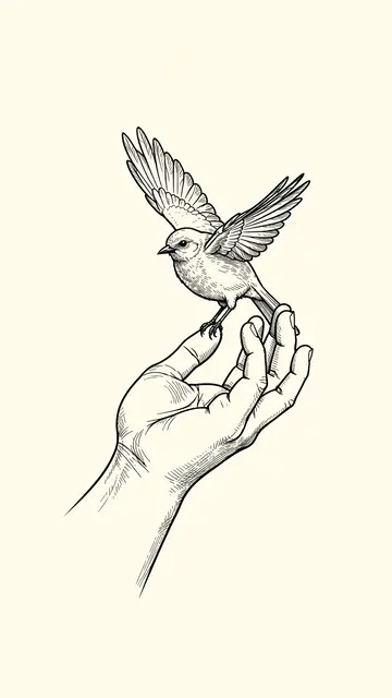 Black ink line art of an open hand as a small songbird takes flight from the fingertips on a cream background
