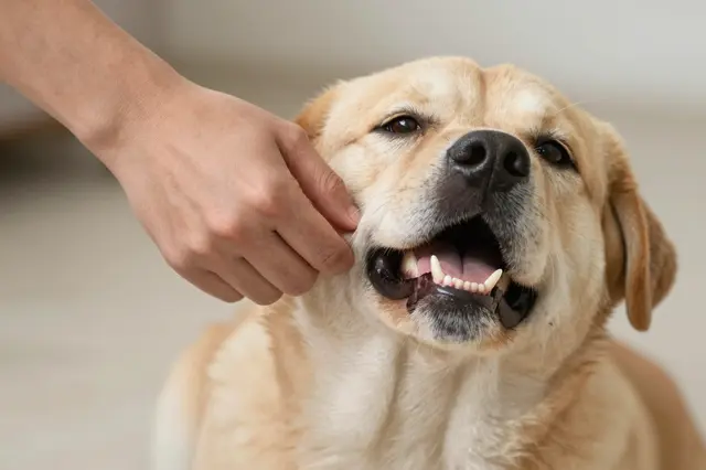 A person's hand gently scratches a content golden Labrador retriever under the chin as it looks relaxed and happy.