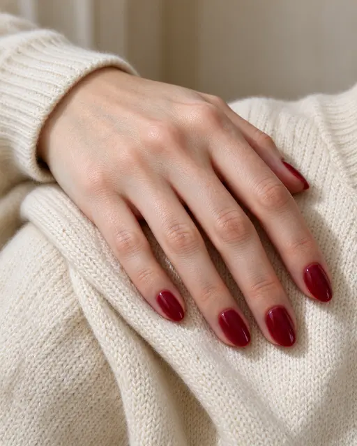 A relaxed hand with glossy burgundy almond nails rests on a cream knit sweater in soft daylight