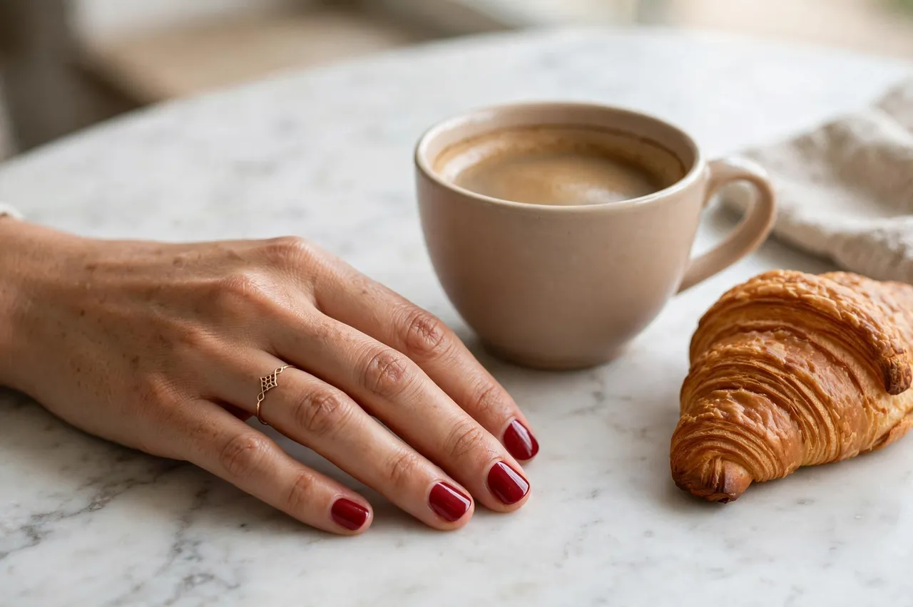 A woman's hand with short red nail polish rests on a marble table beside a coffee cup and croissant