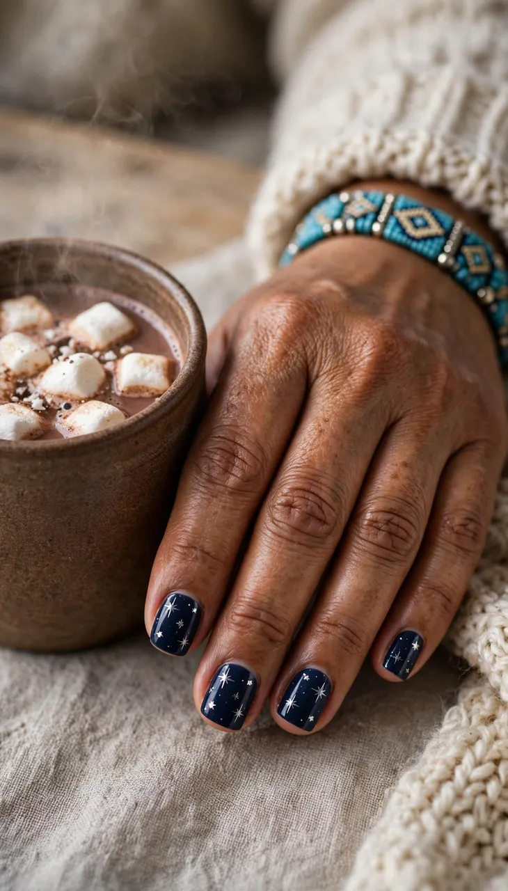 A person's hand with navy star-patterned nails rests next to a steaming mug of hot cocoa topped with marshmallows