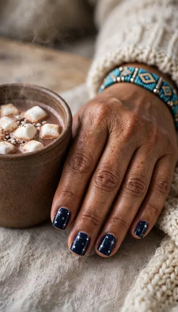 A person's hand with navy star-patterned nails rests next to a steaming mug of hot cocoa topped with marshmallows
