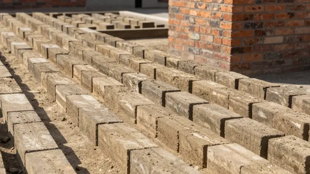 Rows of uncured handmade clay bricks dry in bright sun beside a brick kiln structure