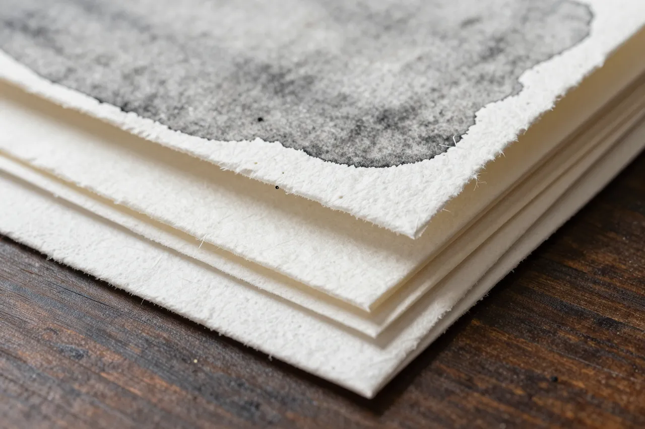 Stack of rough handmade watercolor paper with deckled edges resting on dark wood