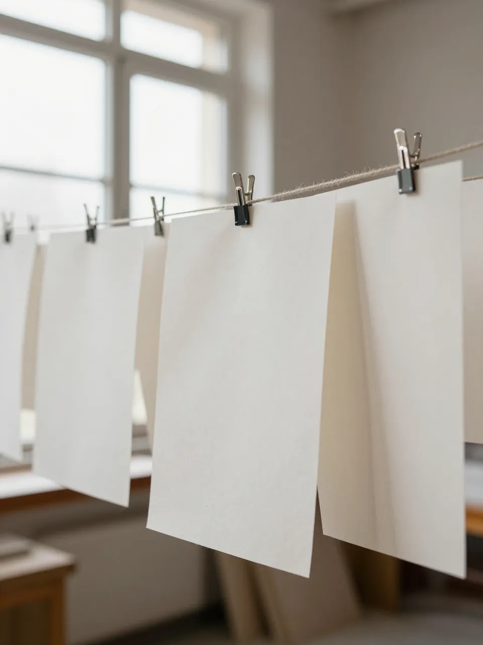 Sheets of pale handmade paper hang from a twine line held by clips near a bright workshop window.