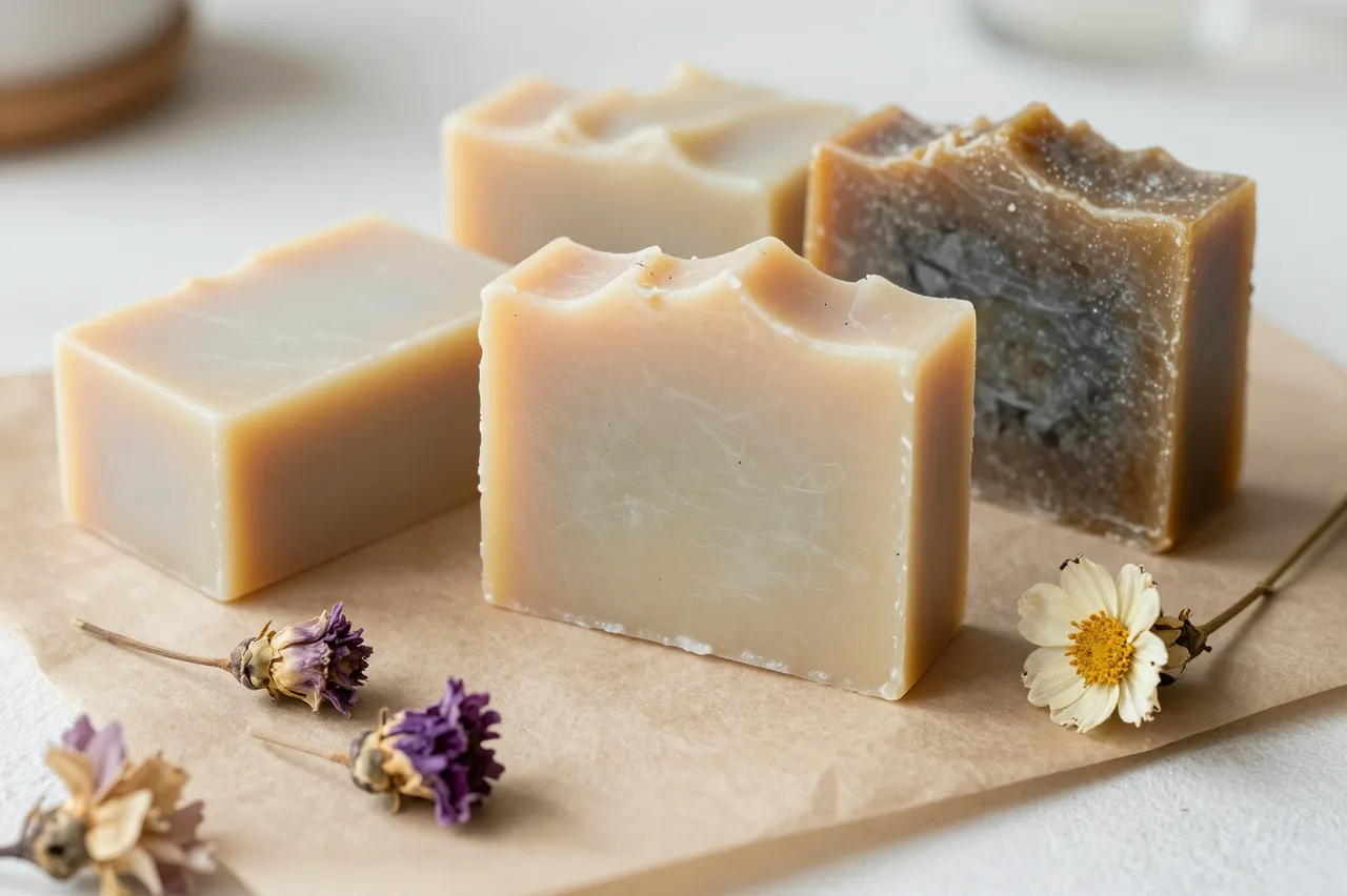 Four rustic handmade soap bars arranged with dried flowers on brown craft paper over a light tabletop