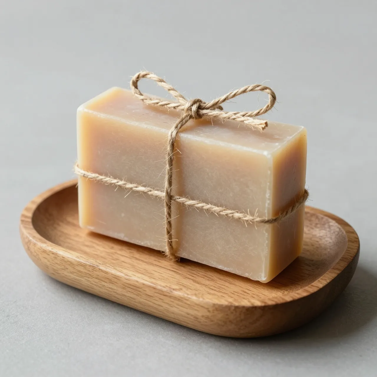 A bar of handmade soap tied with jute twine rests on a small oval wooden dish against a plain light gray background