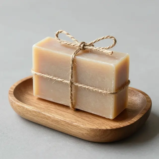 A bar of handmade soap tied with jute twine rests on a small oval wooden dish against a plain light gray background