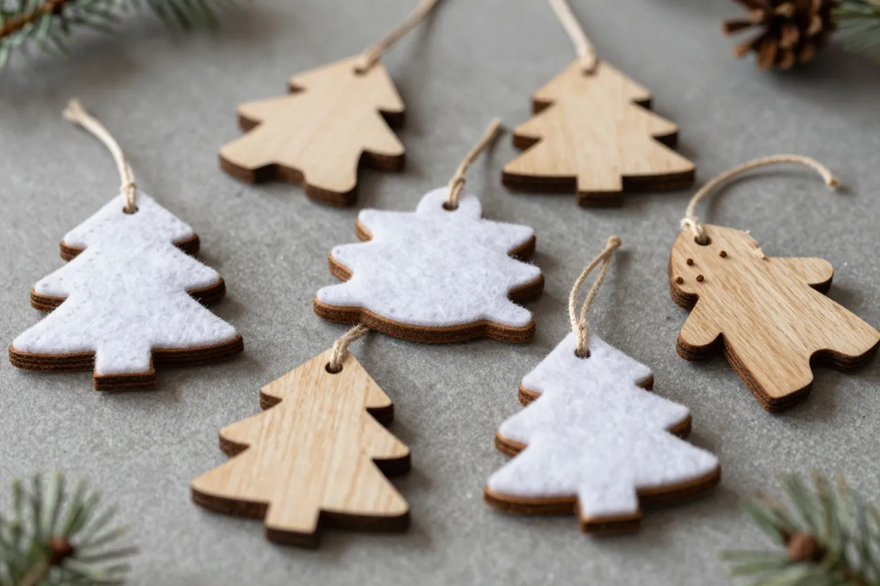 Assorted wooden and white felt Christmas ornaments arranged on a gray table with pine sprigs