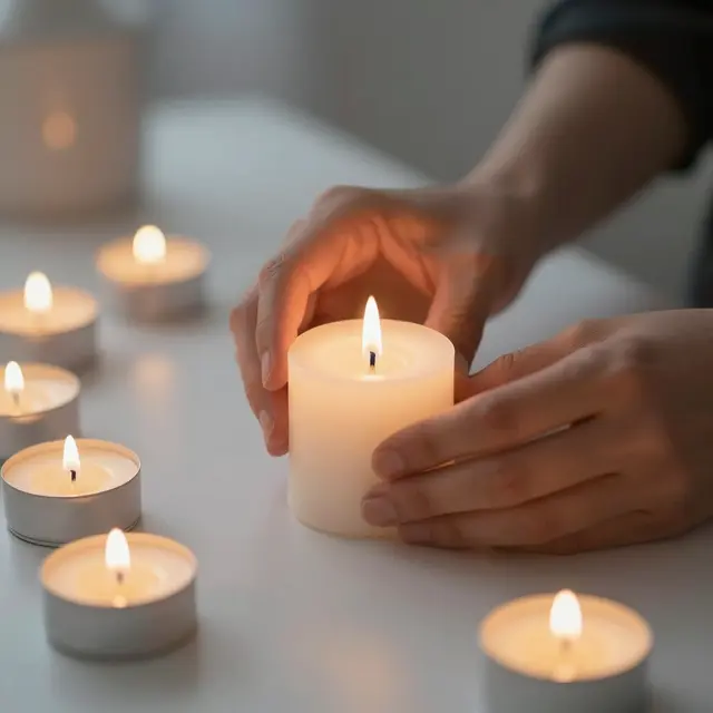 Close-up of a person's hands adjusting a lit pillar candle beside tealights on a light table