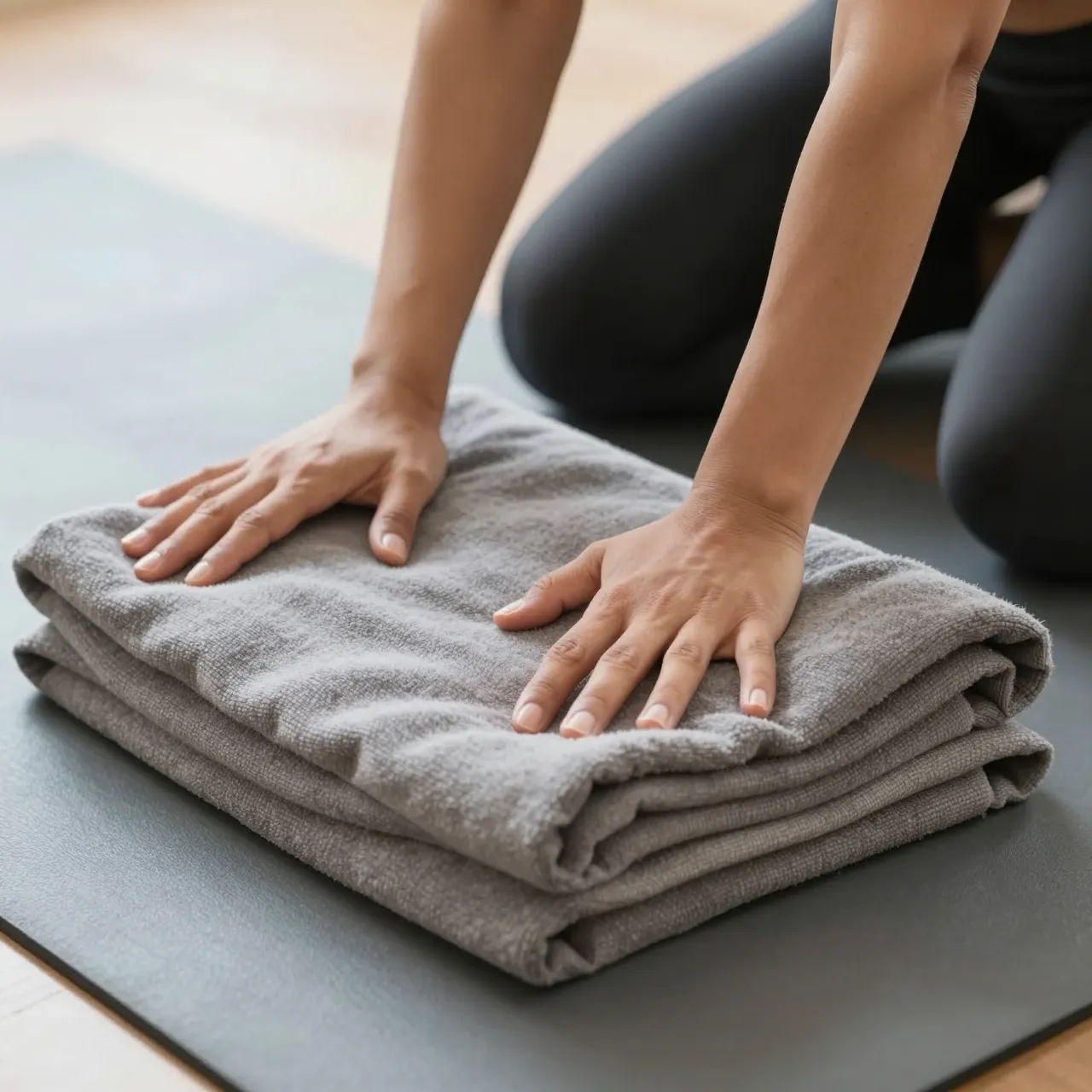 A person presses a folded gray blanket onto a gray yoga mat before a yoga session