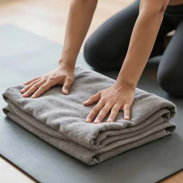 A person presses a folded gray blanket onto a gray yoga mat before a yoga session
