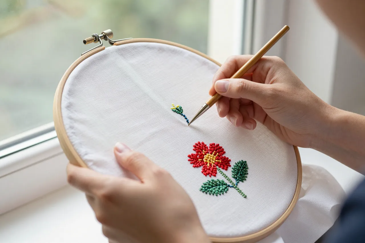 Close-up of hands working on floral embroidery in a wooden hoop next to a bright window